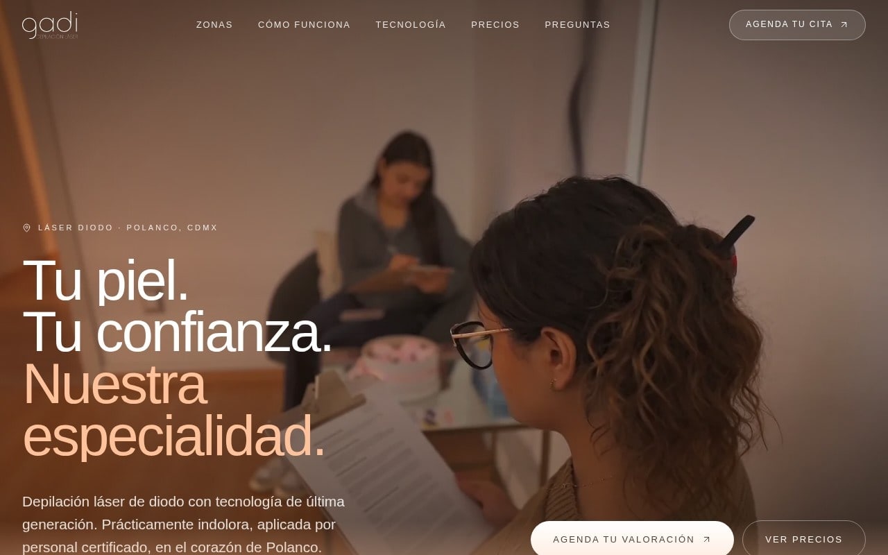 Landing page de Gadi Depilación Láser con su propuesta de valor y el llamado a agendar valoración