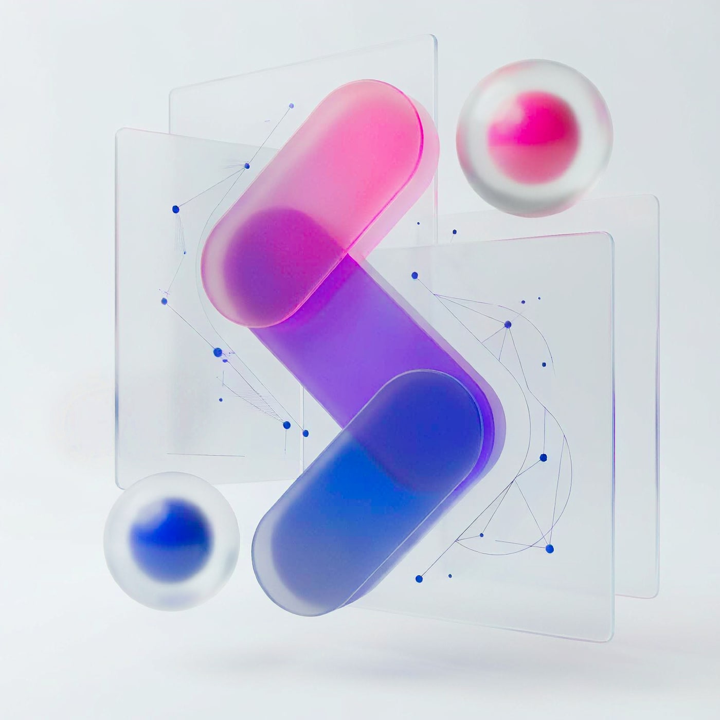 Composición 3D de cápsulas y esferas de cristal en los colores de SalesHub