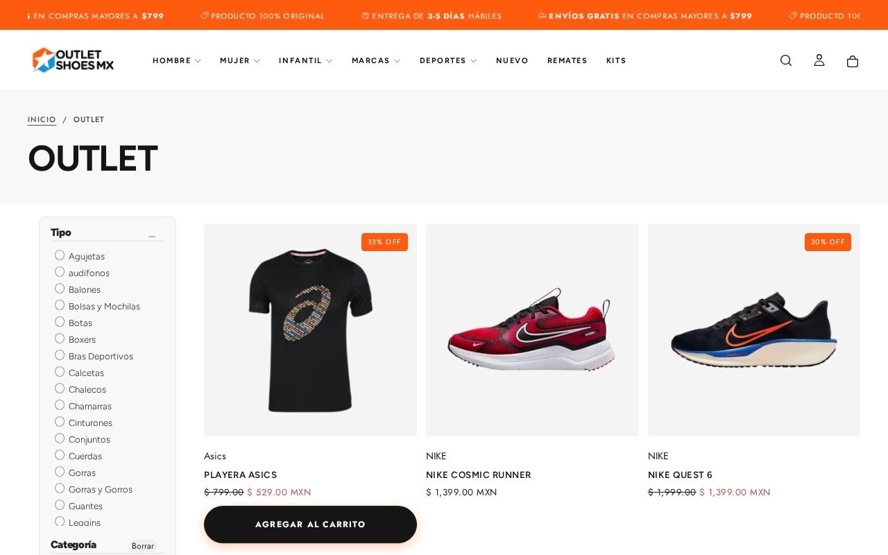 Catálogo de Outlet Shoes MX con filtros por tipo y categoría, precios y descuentos