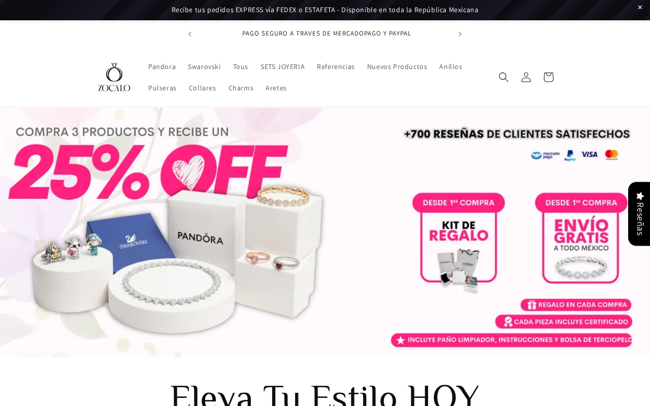 Página de inicio de la tienda en línea de joyería Zócalo Online